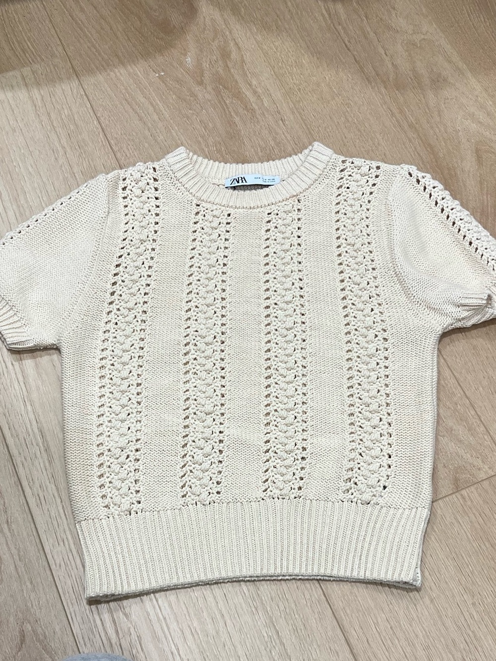 Zara Cream Open Knit Short Sleeve Sweater Top Women’s Medium Boho Cottagecore